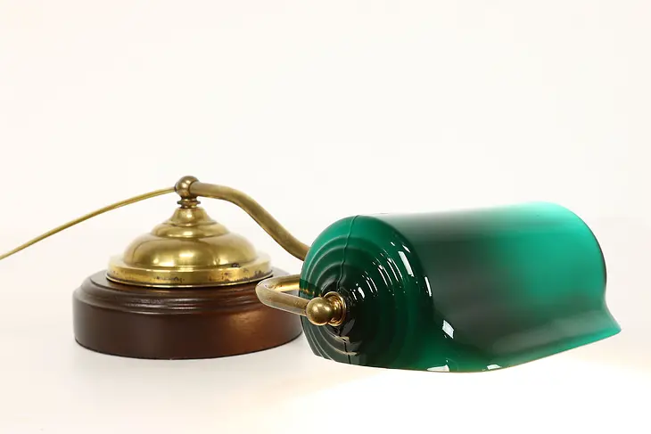 Antique Emerald Glass & Brass Piano or Roll Top Desk Lamp, Faries #41940