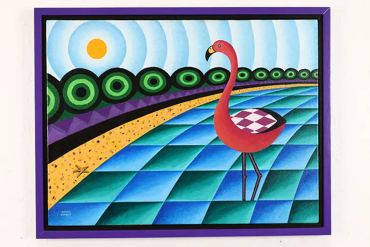 Flamingo in Lagoon Vintage Original Acrylic Painting, Bodden 26"  #41850