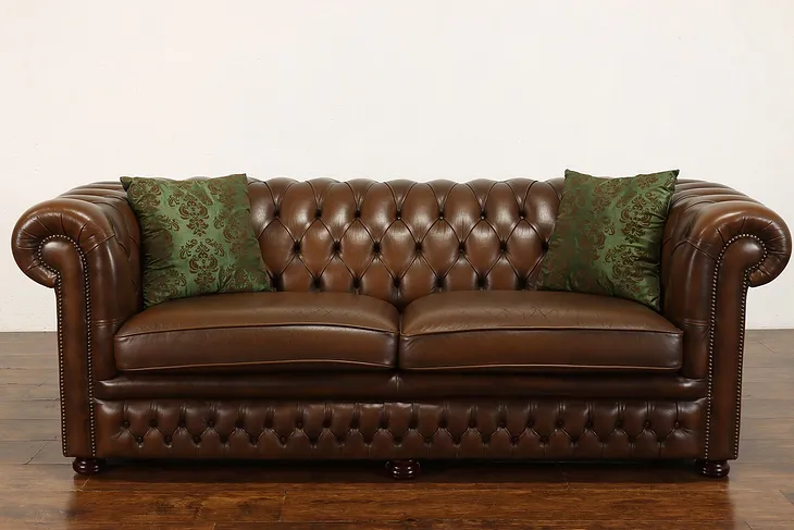 English Chesterfield Tufted Chestnut Leather Vintage Traditional Sofa #42038