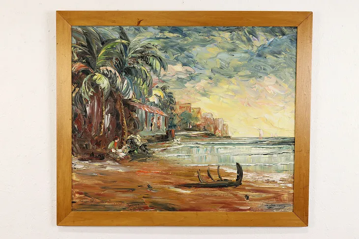 Miami City Beach and Ocean Vintage Original Oil Painting, Vandercar 33.5" #41479