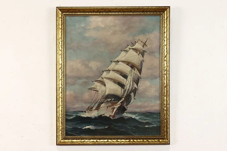 Sailing Ship Cutting Through Waves Vintage Original Oil Painting 23" #41481