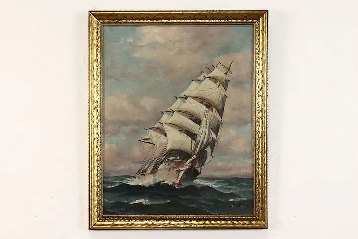 Sailing Ship Cutting Through Waves Vintage Original Oil Painting 23" #41481