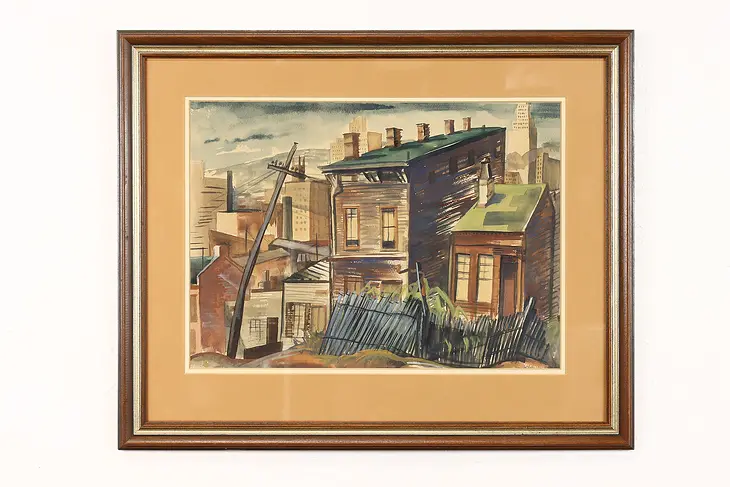 Bustling City Neighborhood Vintage Watercolor Painting, Signed 27.5" #42043
