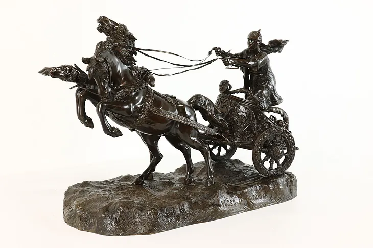 Bronze Roman Soldier & Horse Chariot Sculpture Antique Victory Statue #42047