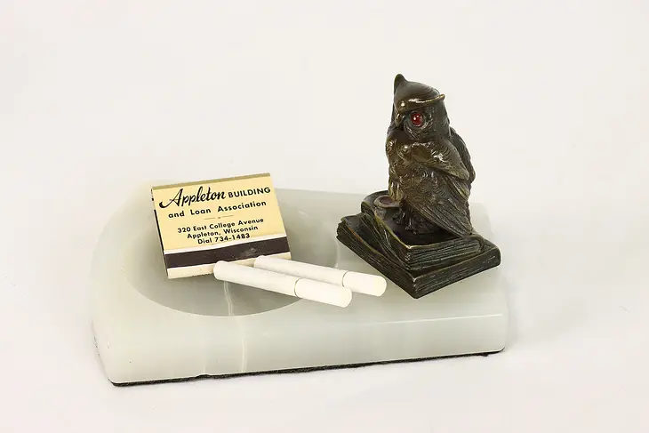 Art Deco Owl on Bookstack Antique Bronze & Onyx Ring or Ash Tray #42048