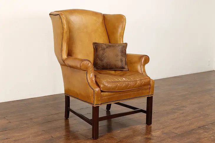 Traditional Vintage Leather & Birch Wingback Chair, Brass Nailheads #42037