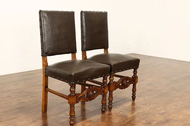 Pair of Italian Antique Leather Dining, Desk or Library Chairs #42180