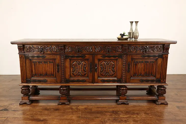 Renaissance Carved Oak Antique Sideboard, Bar Cabinet, TV Console #41989