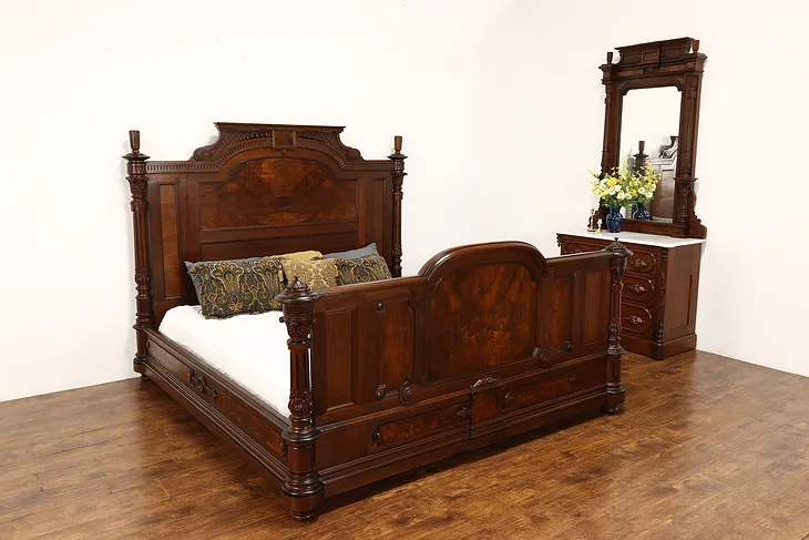 Victorian Hand Carved Walnut Antique Bedroom Set King Size Bed & Dresser #41610