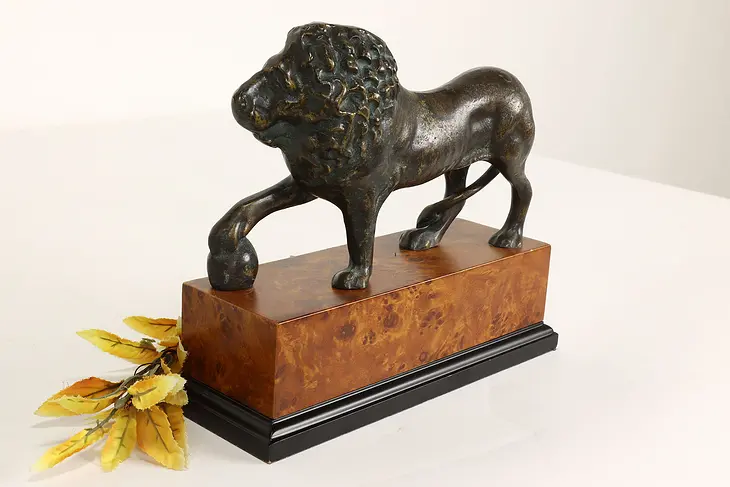Bronze Vintage Lion on Maple Burl Base Sculpture #42019