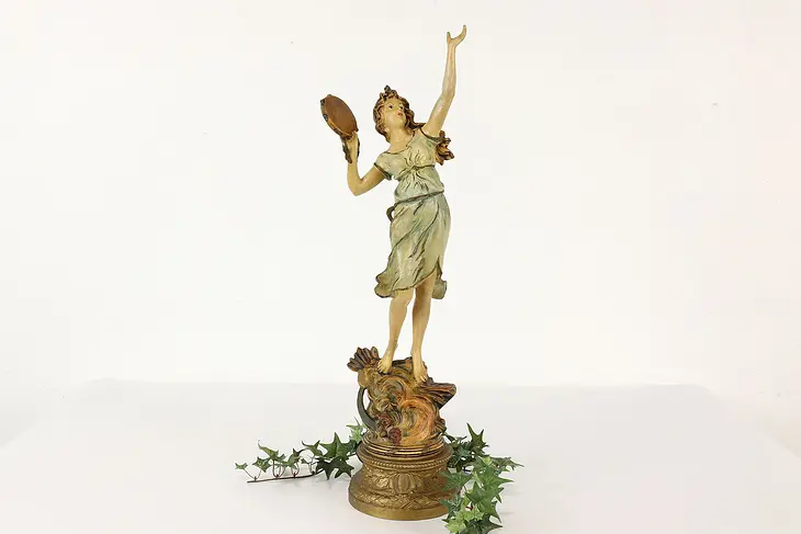Dancing Woman & Tambourine Antique Statue Painted Sculpture #41924