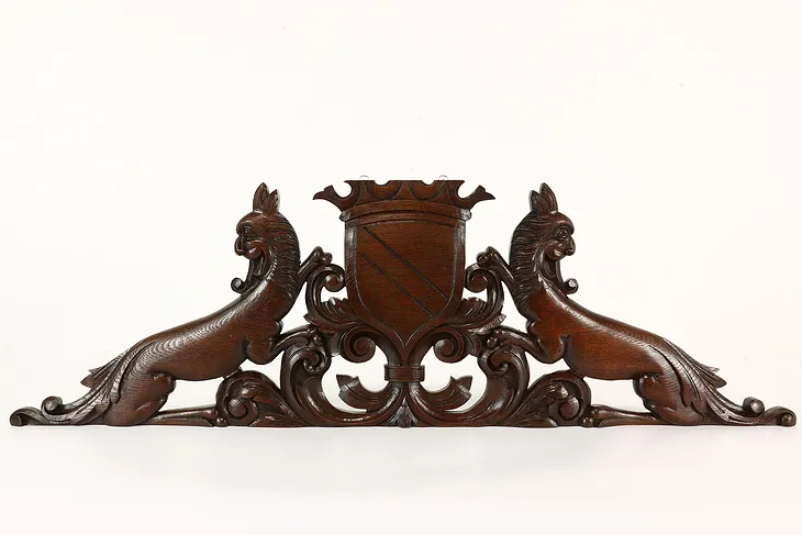 Renaissance Antique Architectural Salvage Oak Crest, Carved Dragons #42208
