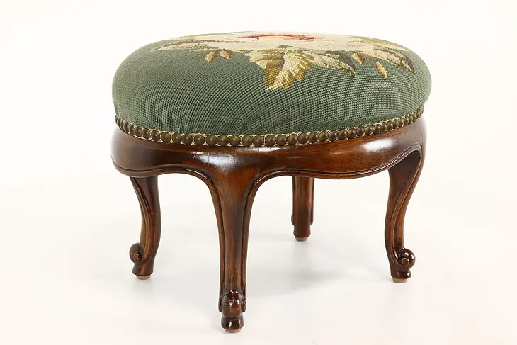 Country French Carved Birch Vintage Footstool, Needlepoint Upholstery #42212