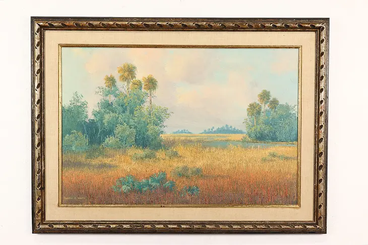 Meadow with Palm Trees Original Vintage Oil Painting, White 44.5" #40915