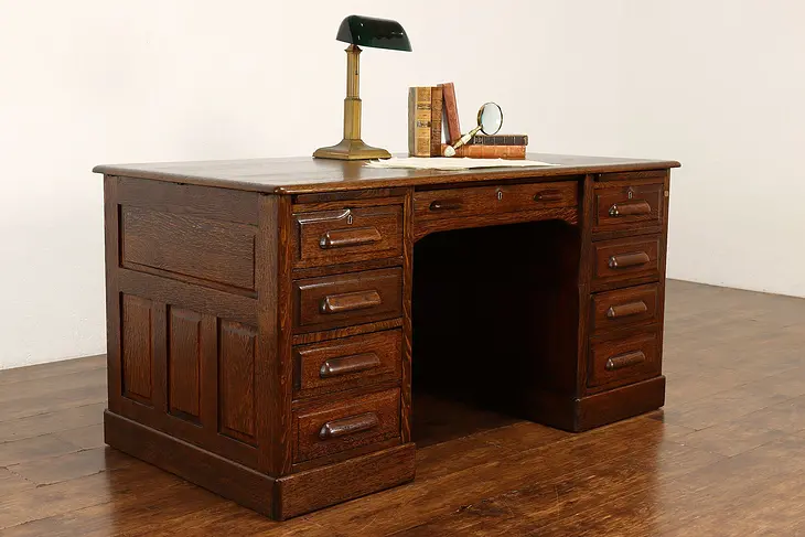 Traditional Antique Quarter Sawn Oak Office Library Desk, Raised Panels  #41539