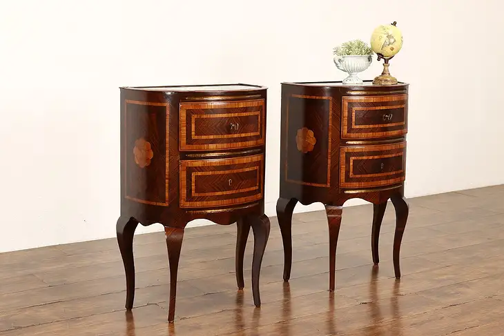 Pair of Italian Vintage Rosewood Nightstands End Tables, Marble Tops #42035