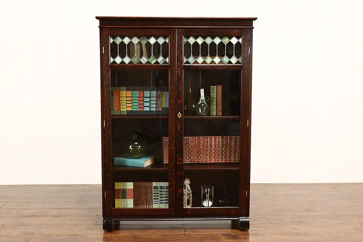 Arts & Crafts Antique Oak Office Bookcase, Stained Leaded Glass, Larkin #41530