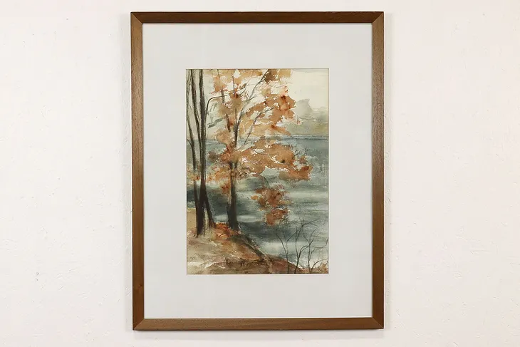 Autumn Trees on Lake Original Vintage Watercolor Painting, Lloyd 29.5" #40444