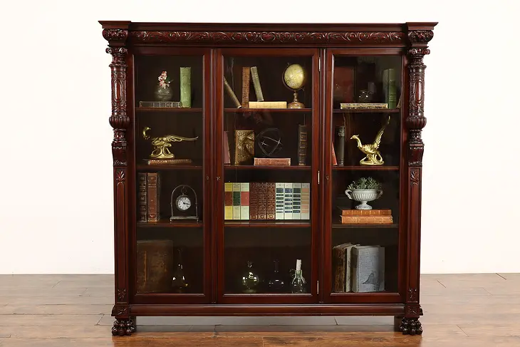 Empire Mahogany Antique Triple Office or Library Bookcase Carved Lions #41753