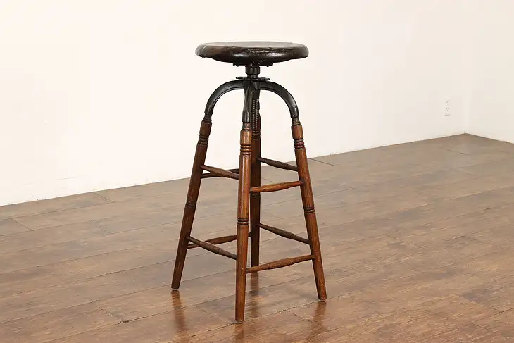 Industrial Oak & Iron Antique Farmhouse Drafting, Architect Swivel Stool #42226