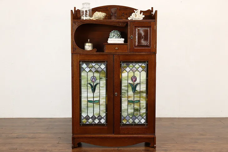 Arts & Crafts Antique Leaded & Stained Glass Bookcase, Bathroom Cabinet #41973