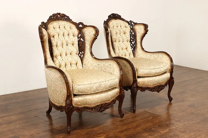 Pair of French Vintage Music Room Wing Chairs Carved Cherubs, Instruments #41893