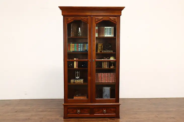 Victorian Antique Walnut & Burl Office or Library Bookcase, Wavy Glass #38469