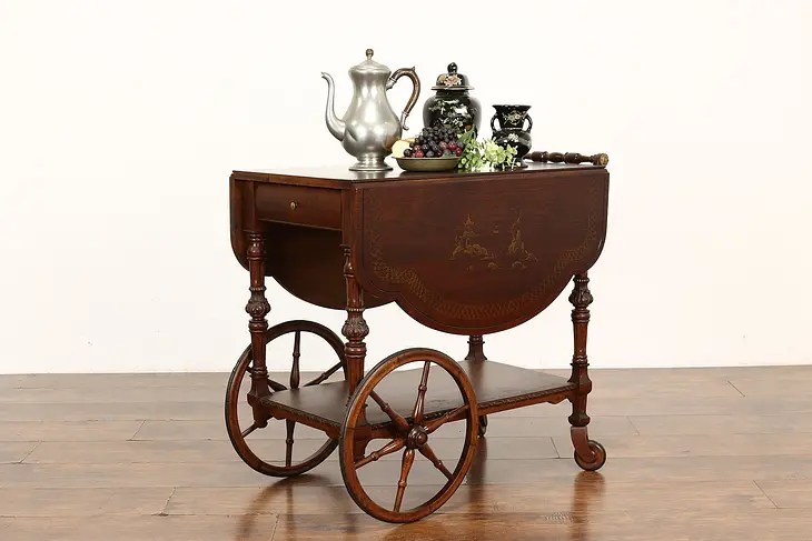 Traditional Antique Walnut Rolling Bar or Tea Cart, Drop Leaves #41815