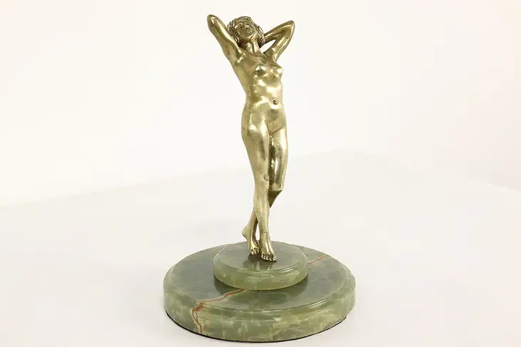 Art Deco Bronze Statue Antique Nude Woman Sculpture on Onyx Base #41504