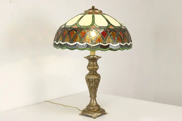 Leaded Stained Glass Shade Vintage Office or Library Desk Lamp #41697