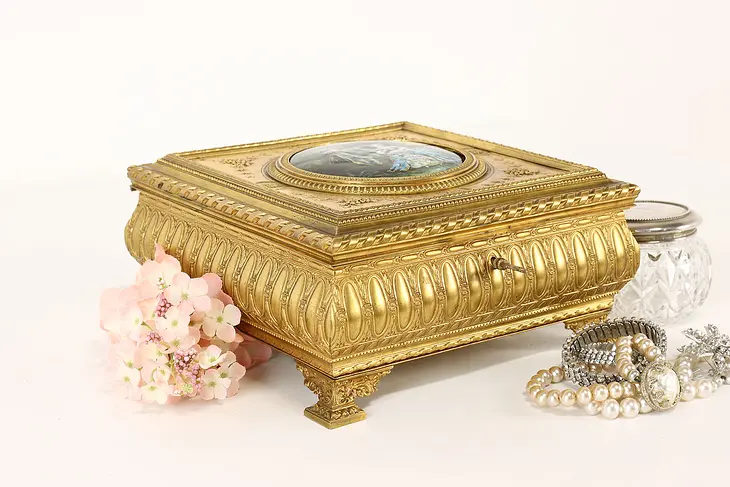 French Antique Gilt Bronze & Enamel Jewelry or Keepsake Box, France #42252
