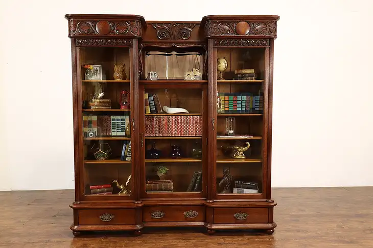 Victorian Antique Carved Oak Triple Office or Library Bookcase Wavy Glass #41032