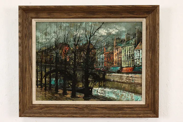 City Bridge Over Canal Vintage Original Oil Painting, Nizar 20.5" #42248