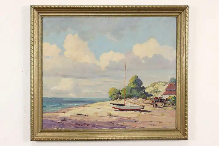 Sailboat on the Beach Vintage Original Oil Painting, Templeton 28" #41246