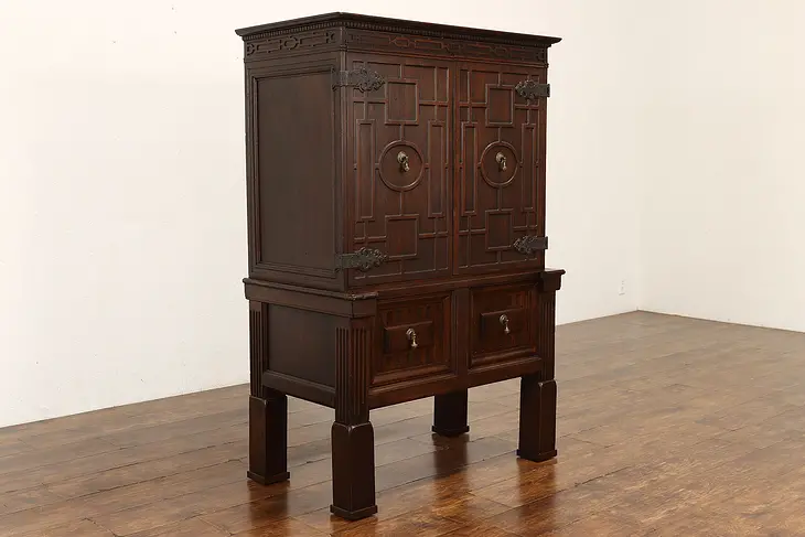 Tudor Antique Carved Walnut Secretary Desk, Bar or Wine Cabinet #42291