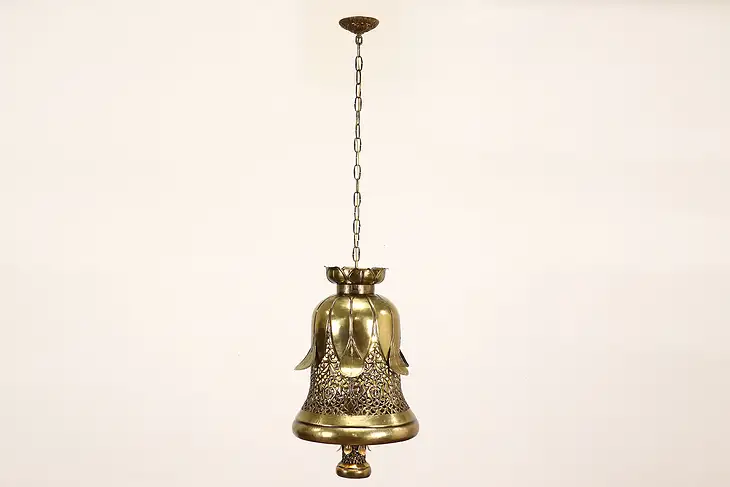 Brass Pierced Bell & Lotus Vintage Chandelier Light Fixture, India #42108