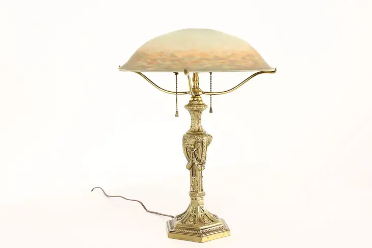 French Art Nouveau Antique Glass & Brass Desk Lamp, Luneville Muller Fres #42117