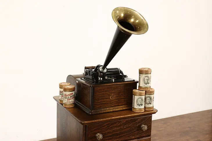 Edison Antique Oak Standard Gem Phonograph, Brass Horn, Cylinder Records #42287