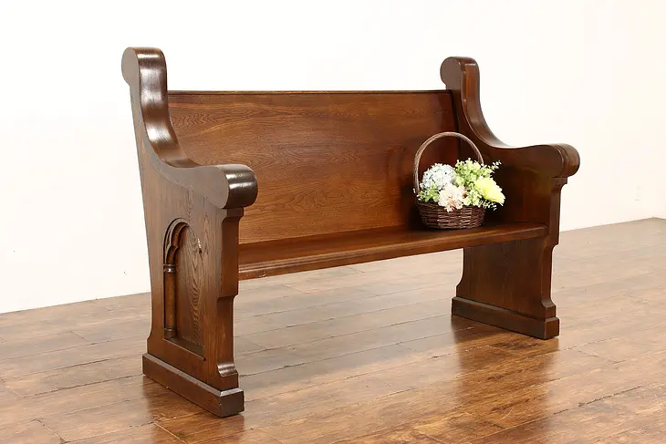 Gothic Carved Antique Oak & Ash Church Pew or Hall Bench #37927