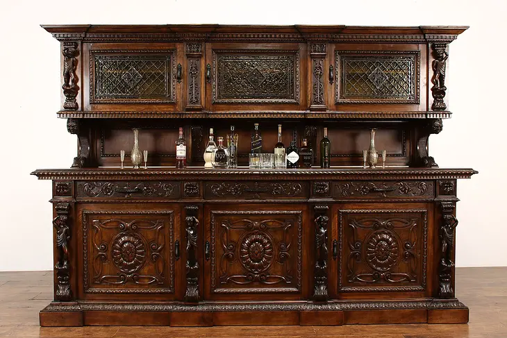 Italian Renaissance Antique Back Bar Cabinet, Sideboard Carved Cherubs  #42182