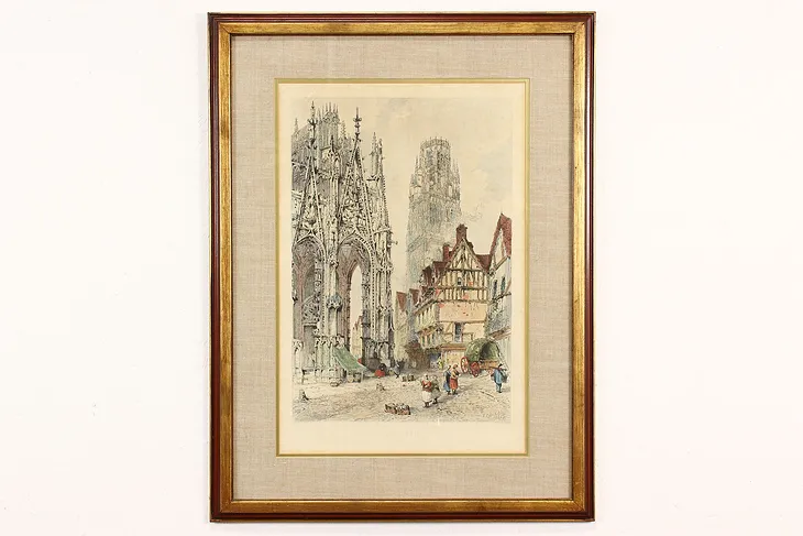 French Cathedral St. Ouen, Rouen Antique Etching 1885 after Bentley 34.5" #42364