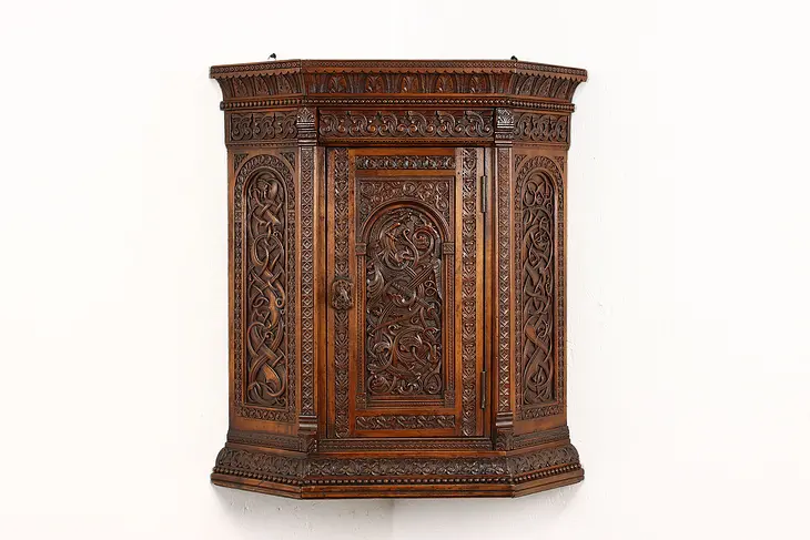 Renaissance Antique English Corner Cabinet, Carved Sorcerer & Dragons #42365