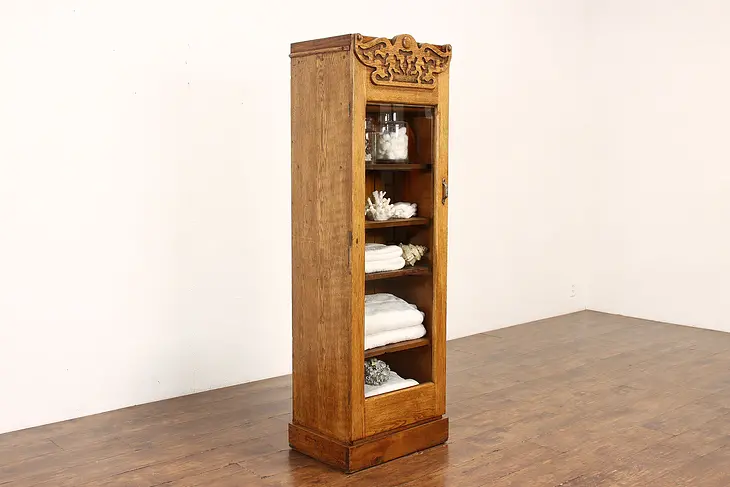 Farmhouse Carved Oak Antique Bookcase, Bathroom or Pantry Cupboard #41659