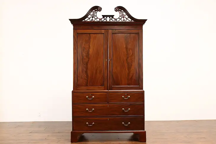 Georgian Antique Flame Grain Mahogany Armoire, Wardrobe or Linen Press #37869