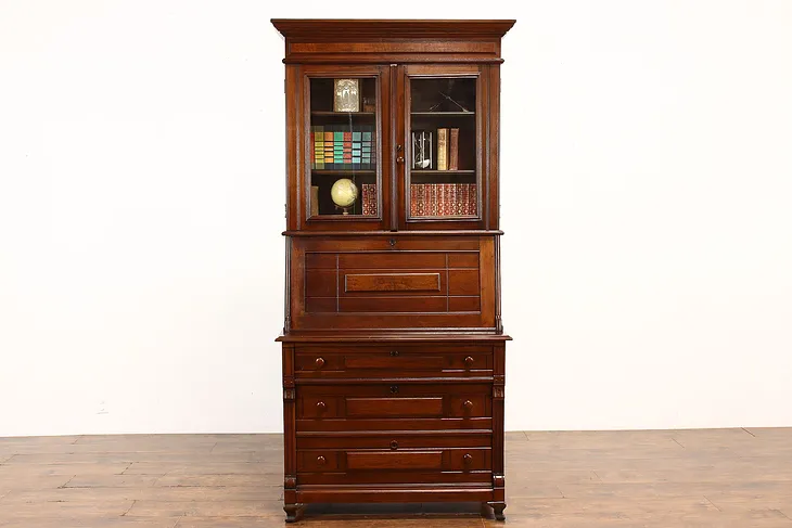 Victorian Eastlake Antique Walnut Drop Front Secretary Desk & Bookcase #40676