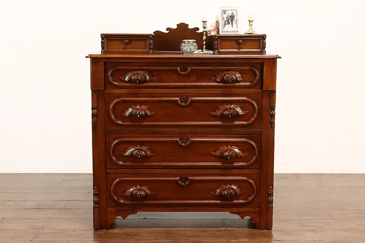 Victorian Walnut Antique Chest or Dresser, Jewelry Drawers & Carved Pulls #41456