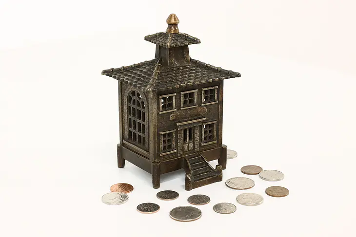 Victorian Cast Brass Antique House Coin Bank #42406
