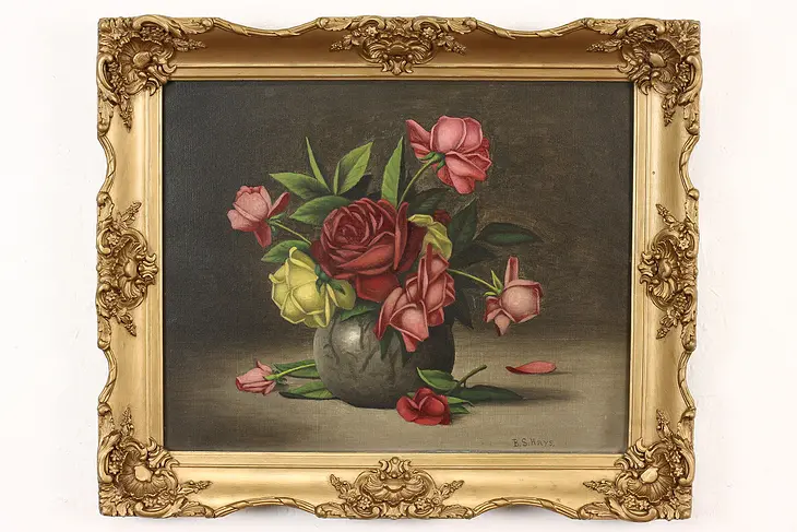 Victorian Antique Still Life Roses Original Oil Painting, B. S Hayes 25" #42121