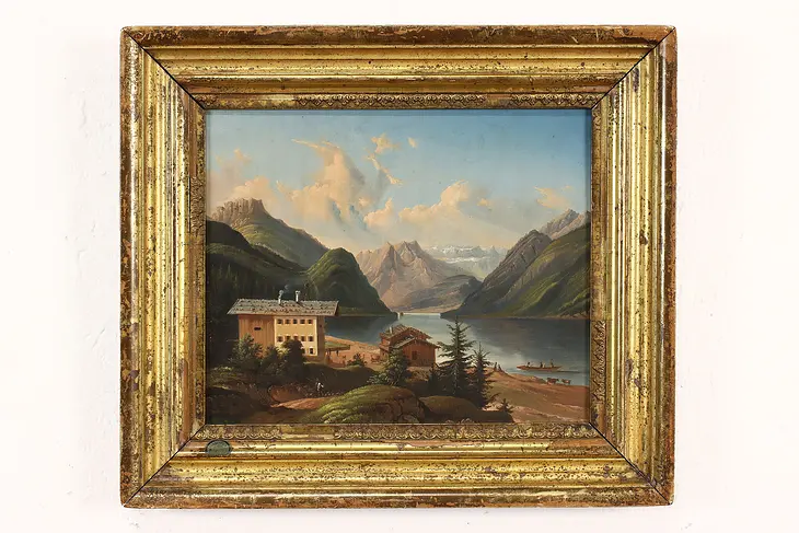 Lake Achen Tyrol Austria Antique Original Oil Painting 1647 Signed 16.5"  #41496