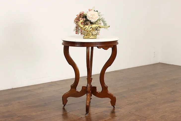 Victorian Antique Carved Walnut Parlor or Lamp Table, Marble Top #41758